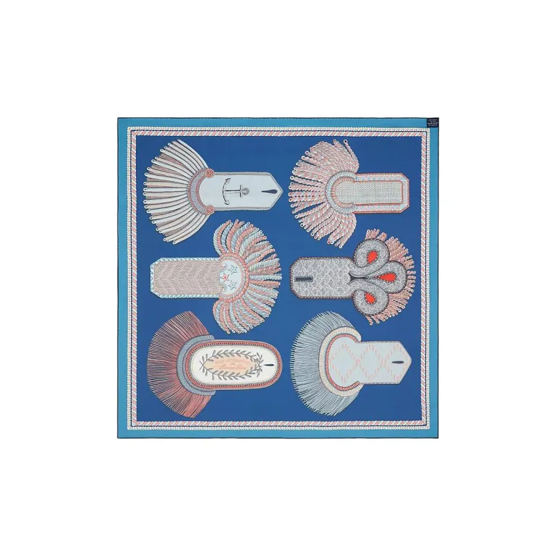 HERMES Silk Scarves Women's Marine Blue/Turquoise Blue/Coral Red-2