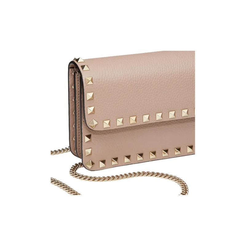 Valentino Rockstud Grained Calfskin Messenger Bag Shoulder Bag Crossbody Bag Clutches Small Size Women's Pink-4