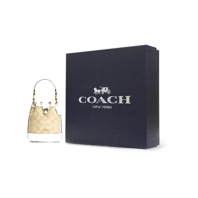 COACH Dempsey Canvas Coated Patchwork Cow Leather Bucket Bag, Handbag, Crossbody Bag Mini Women's Light Khaki-4