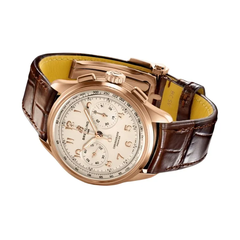 BREITLING Puya Manual Mechanical Movement Men's Watch Beige Watch Dial 18K Red Gold Watch Case Genuine Leather Strap-1