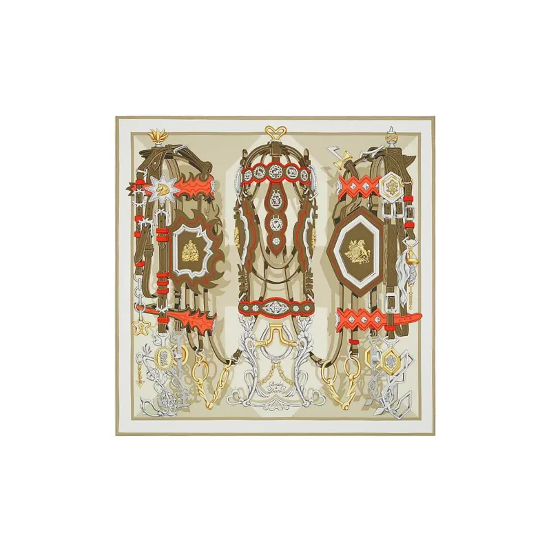 HERMES Silk Scarves Women's Clay Green/Khaki/Coral Red-0