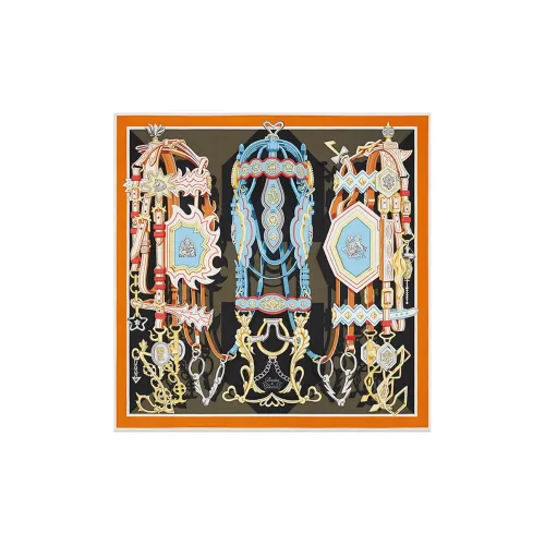 HERMES Silk Scarves Women's Charcoal Gray/Orange