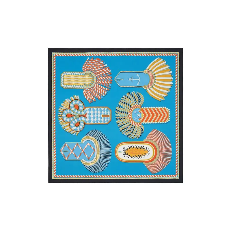 HERMES Silk Scarves Women's Marine Blue/Turquoise Blue/Coral Red-1