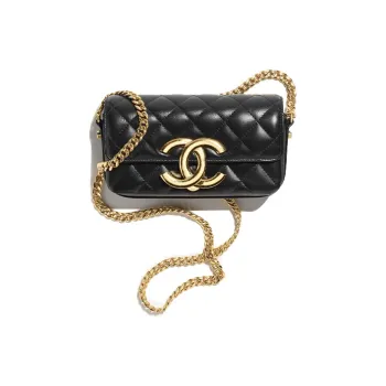 CHANEL Shiny Lambskin Cell Phone Pouch Shoulder Bag Crossbody Bag Mini Women's Black