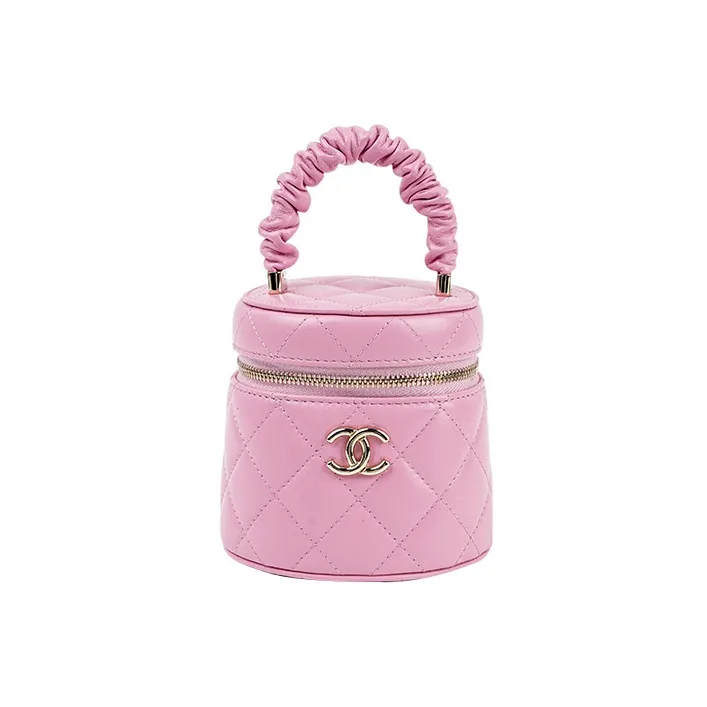 CHANEL Lambskin Cylinder Bag Handbag Makeup Bag Small Size Women's Pink-0