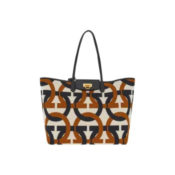 FERRAGAMO GANCINI Fabric With Calfskin Tote Bag, Shopping Bag, Shoulder Bag, Handbag Women's Multicolor