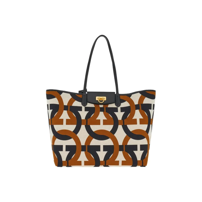 FERRAGAMO GANCINI Fabric With Calfskin Tote Bag, Shopping Bag, Shoulder Bag, Handbag Women's Multicolor-0