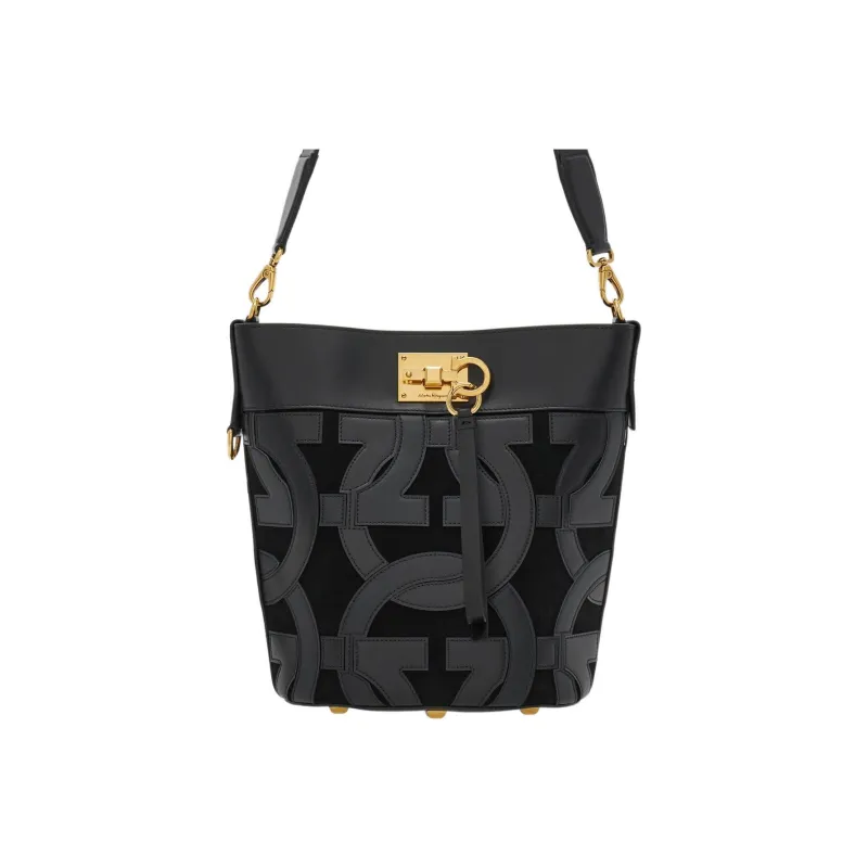 FERRAGAMO Studio Goat Suede Patchwork With Calfskin Bucket Bag Handbag Shoulder Bag Crossbody Bag Regular Women's Black-0