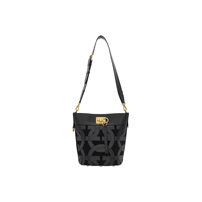 FERRAGAMO Studio Goat Suede Patchwork With Calfskin Bucket Bag Handbag Shoulder Bag Crossbody Bag Regular Women's Black-1