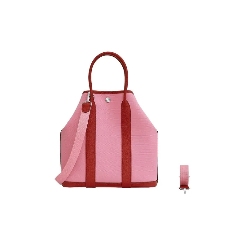 HERMES Garden Canvas With Calfskin Garden Bag Canvas Bag Handbag Shoulder Bag Crossbody Bag Women's Pink/Imperial Red-1