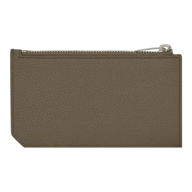 SAINT LAURENT Grained Leather Zip Closure Business Card Holder Wallet Card Holder Men's Dark Khaki-1