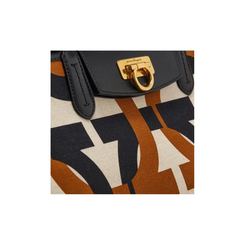 FERRAGAMO GANCINI Fabric With Calfskin Tote Bag, Shopping Bag, Shoulder Bag, Handbag Women's Multicolor-4