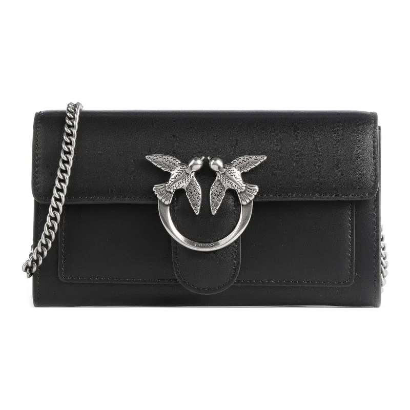 PINKO Cow Leather Wallet, Crossbody Bag, Shoulder Bag Women's Black-0