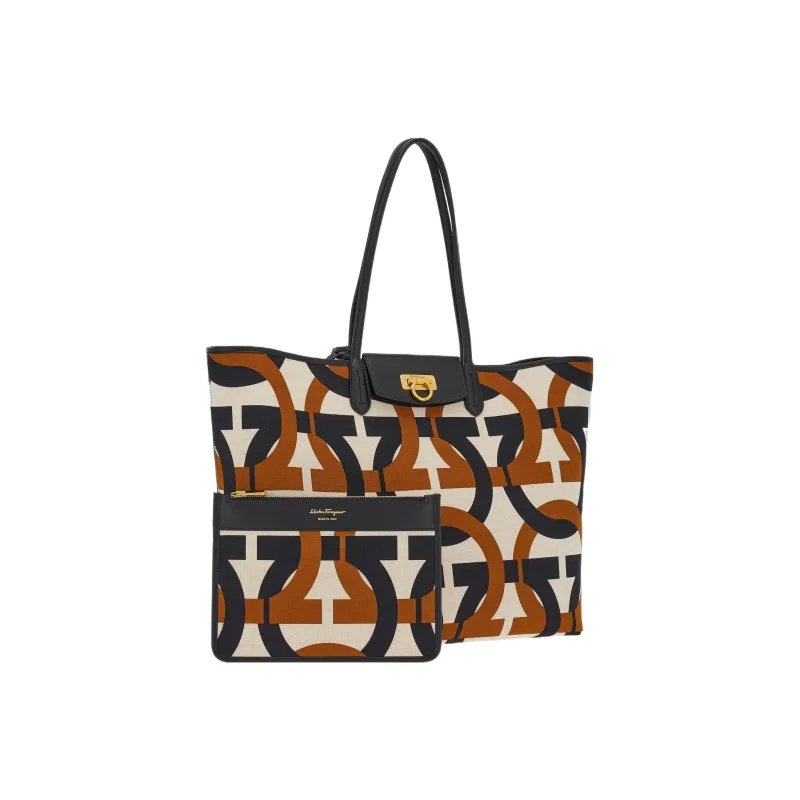 FERRAGAMO GANCINI Fabric With Calfskin Tote Bag, Shopping Bag, Shoulder Bag, Handbag Women's Multicolor-1