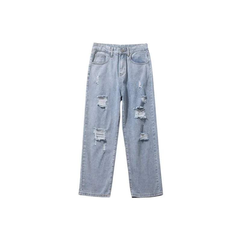 FAIRWHALE Summer Jeans Unisex Ripped Denim Blue-1