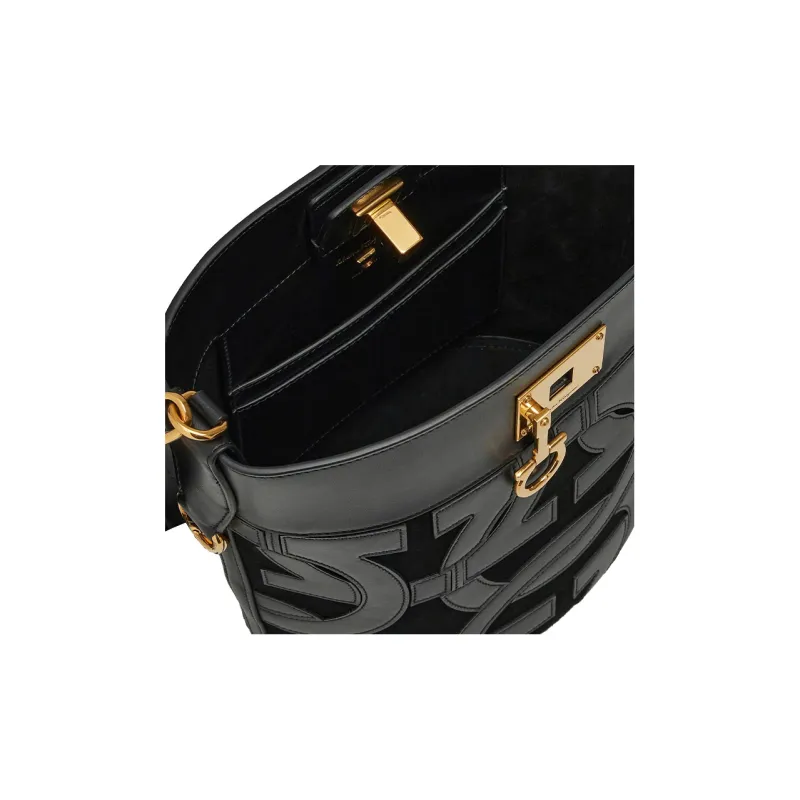 FERRAGAMO Studio Goat Suede Patchwork With Calfskin Bucket Bag Handbag Shoulder Bag Crossbody Bag Regular Women's Black-4