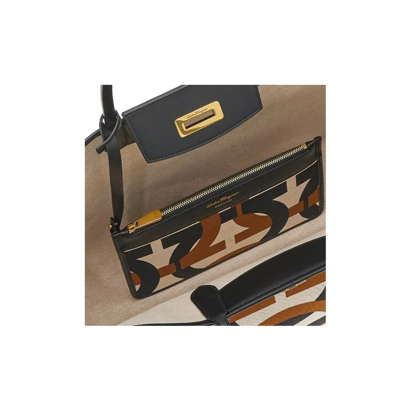 FERRAGAMO GANCINI Fabric With Calfskin Tote Bag, Shopping Bag, Shoulder Bag, Handbag Women's Multicolor-5