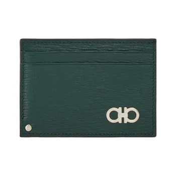 FERRAGAMO GANCINI Hammered Calfskin Card Holder Men's Boxwood Green/Black