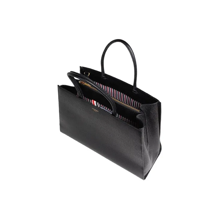 THOM BROWNE· Grained Calfskin Tote Bag, Shopping Bag, Shoulder Bag, Crossbody Bag, Handbag Large Size Men's Black-3