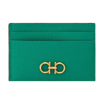 FERRAGAMO GANCINI Hammered Calfskin Card Holder Women's Emerald Green