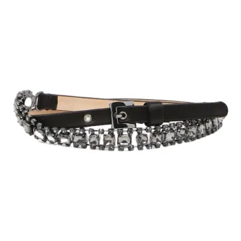 MaxMara Viscose Mulberry Silk Cow Leather Metal Glass Belt Women's Black Width 1cm