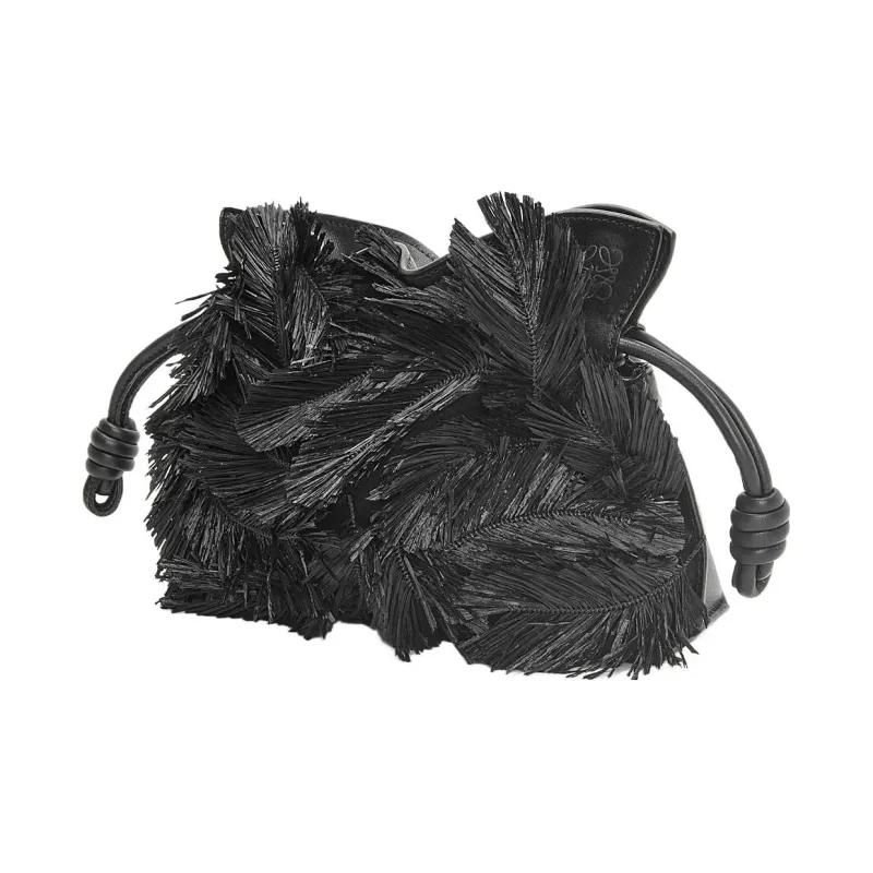 LOEWE Howl's Moving Castle Suede And Raffia One Shoulder Crossbody Clutches Mini Unisex Black-2