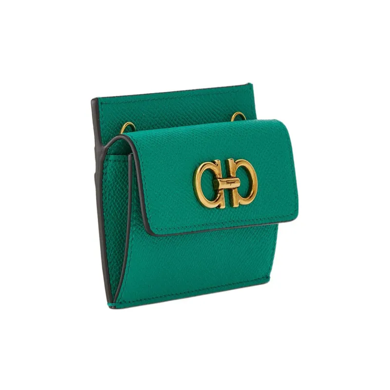 FERRAGAMO GANCINI Cow Leather Shoulder Bag Crossbody Bag Card Holder Women's Deep Bright Green-1