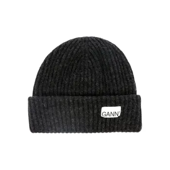 GANNI Logo patch Ribbed knit Beanie