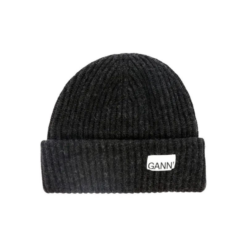 GANNI Logo patch Ribbed knit Beanie-0