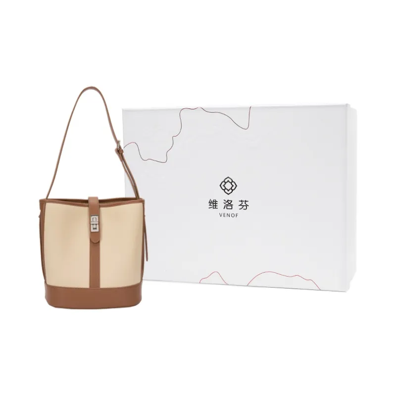 VENOF Cow Leather Bucket Bag, Shoulder Bag Medium Size Women's Beige/Brown-9