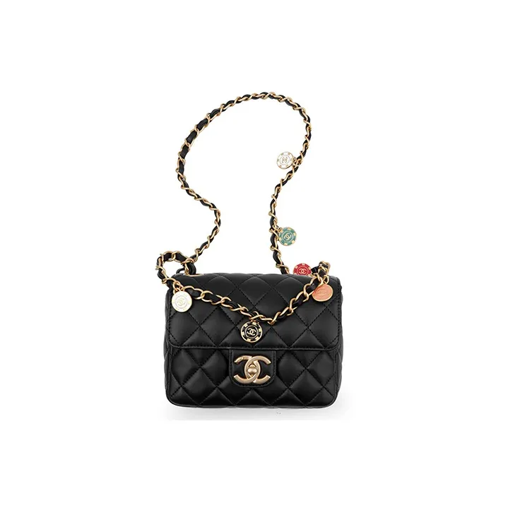 CHANEL 23C Early Spring Lambskin Mini Square Flap Bag, Flap Bag, Crossbody Bag, Shoulder Bag Women's Black-0