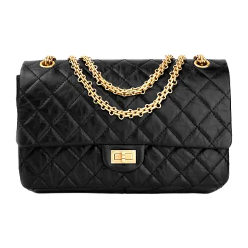 CHANEL 2.55 Vintage Cow Leather Flap Bag, Crossbody Bag, Shoulder Bag Women's Black Gold Black
