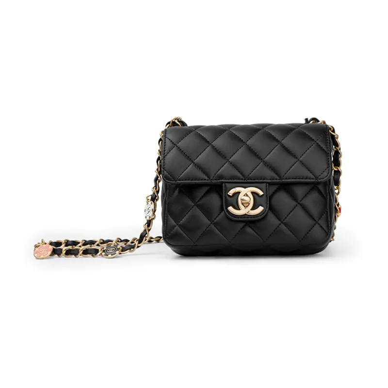 CHANEL 23C Early Spring Lambskin Mini Square Flap Bag, Flap Bag, Crossbody Bag, Shoulder Bag Women's Black-1