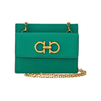 FERRAGAMO GANCINI Cow Leather Shoulder Bag Crossbody Bag Card Holder Women's Deep Bright Green