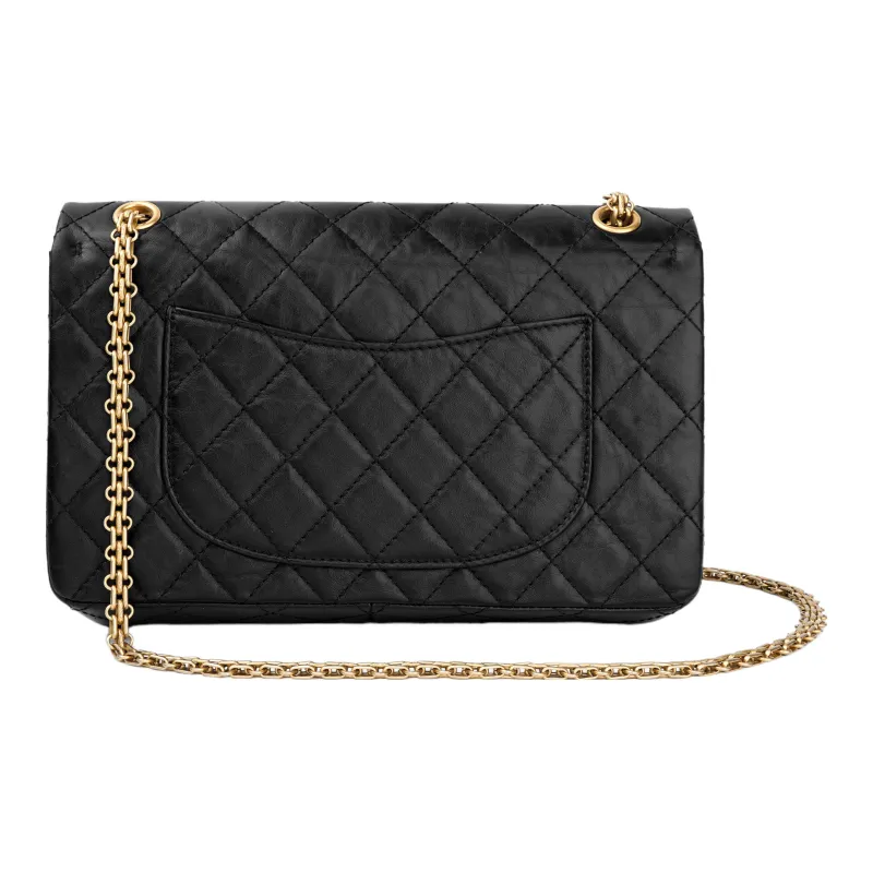 CHANEL 2.55 Vintage Cow Leather Flap Bag, Crossbody Bag, Shoulder Bag Women's Black Gold Black-2