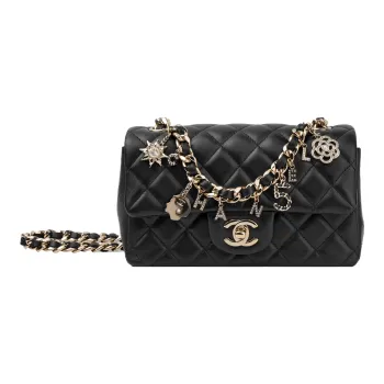 CHANEL Sheepskin Flap Chain Bag, One Shoulder Handbag Mini Women's Black Open