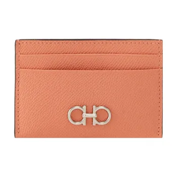 FERRAGAMO GANCINI Hammered Texture Calfskin Card Holder Women's Orange