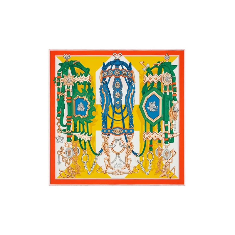HERMES Reins And Destiny Silk Scarf Women's Yellow-0