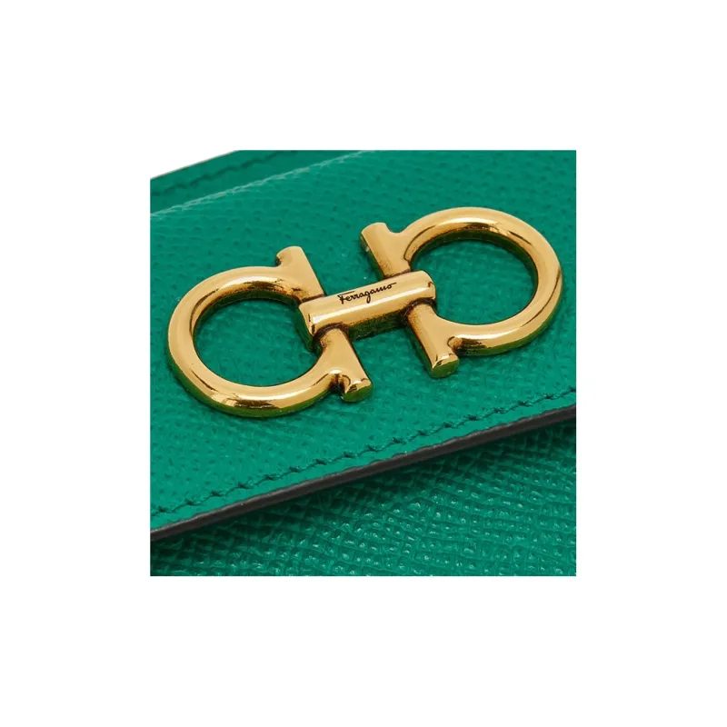 FERRAGAMO GANCINI Cow Leather Shoulder Bag Crossbody Bag Card Holder Women's Deep Bright Green-4