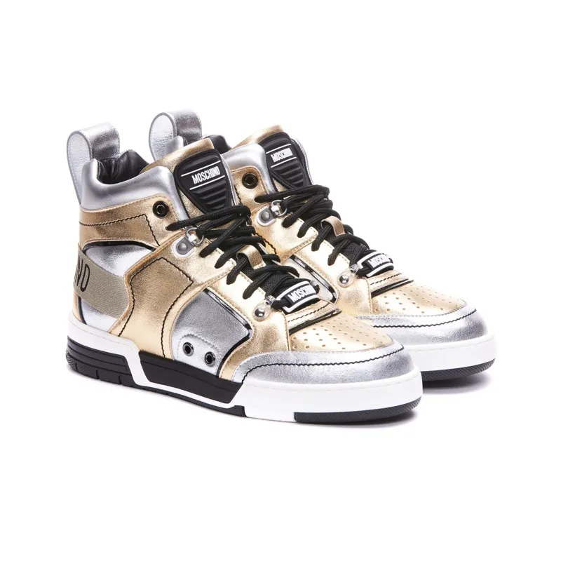 MOSCHINO High Top Stylish Skateboarding Shoes Men's Silver Gold-2