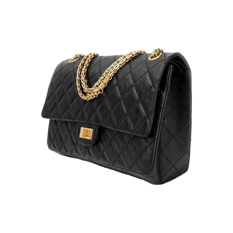 CHANEL 2.55 Vintage Cow Leather Flap Bag, Crossbody Bag, Shoulder Bag Women's Black Gold Black-1