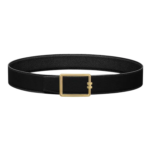 HERMES Gold Buckle Togo Calfskin Double Sided Leather Belt Men's Black Width  3.8cm