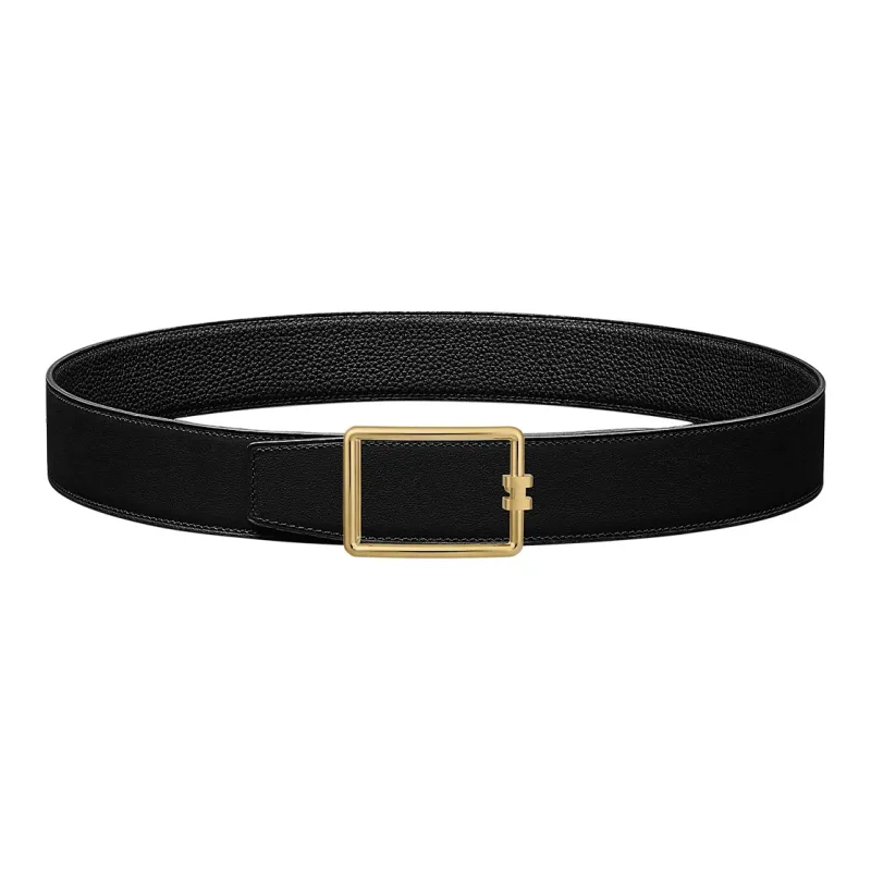 HERMES Togo Gold Buckle Togo Calfskin Double Sided Leather Belt Men's Black Width 3.8cm-0
