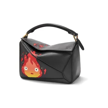 LOEWE Howl's Moving Castle Puzzle Satin Cow Leather Shoulder Bag Crossbody Bag Handbag Small Size Women's Black