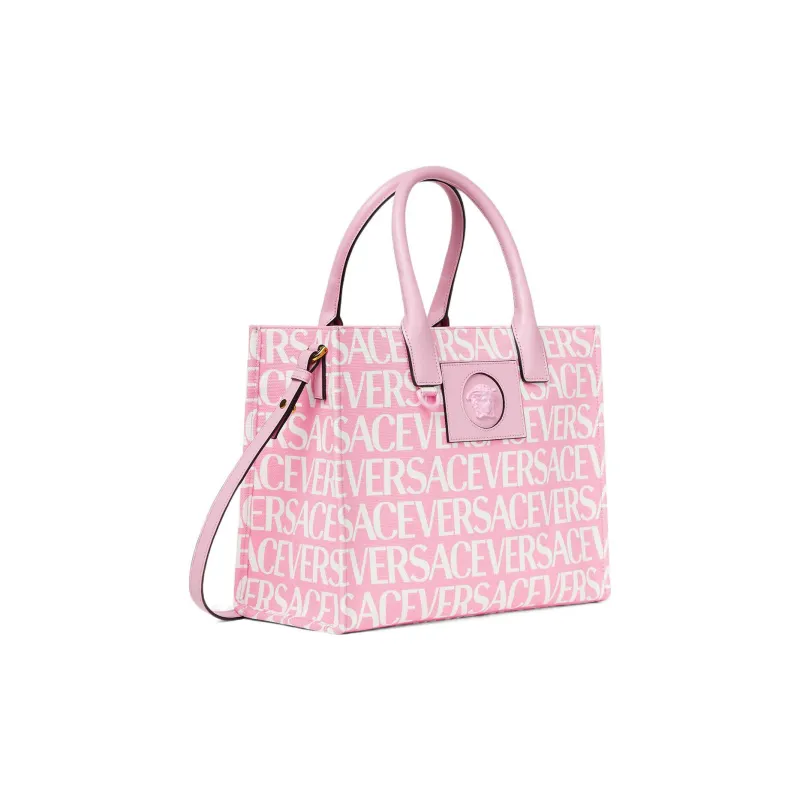 VERSACE Cotton Patchwork With Cow Leather Tote Bag Shopping Bag Shoulder Bag Crossbody Bag Handbag Women's Pink-1