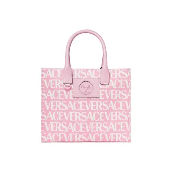 VERSACE Cotton Patchwork With Cow Leather Tote Bag Shopping Bag Shoulder Bag Crossbody Bag Handbag Women's Pink