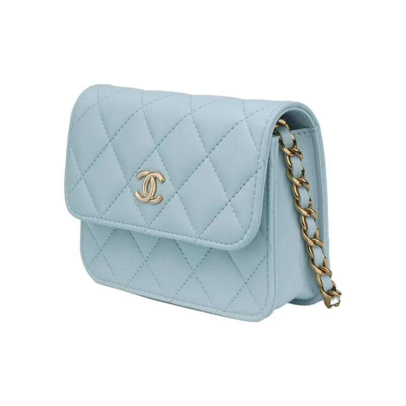 CHANEL Sheepskin Coin Purse, Shoulder Bag, Crossbody Bag Women's Blue Baby Blue-1