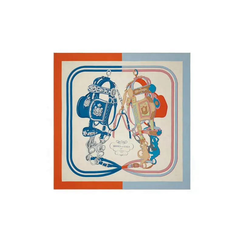 HERMES Glamorous Style With Floral Print Shawl Women's Orange/Blue/Beige-0