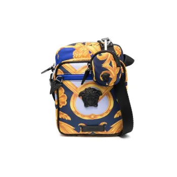 VERSACE Calfskin Crossbody Bag Shoulder Bag Men's Blue & Yellow
