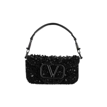 Valentino Locò Silk Blend With Leather Trim Shoulder Bag Crossbody Bag Handbag Small Size Women's Black